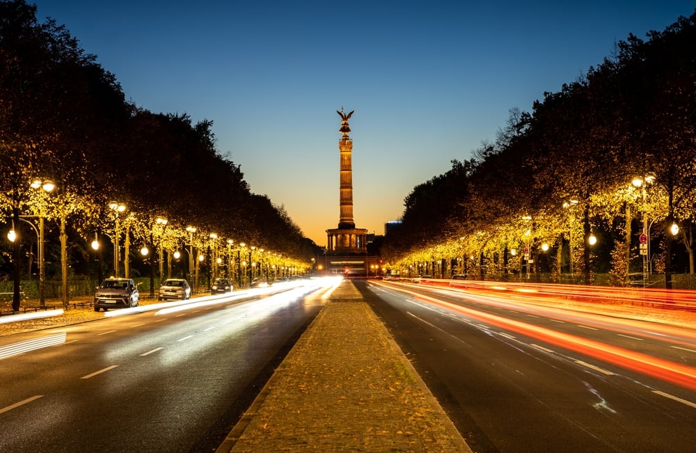 The Berlin Victory Column viewed from the street at night.