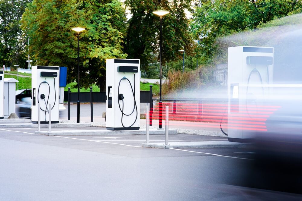 Row of EVBox Troniq Modular charging stations.