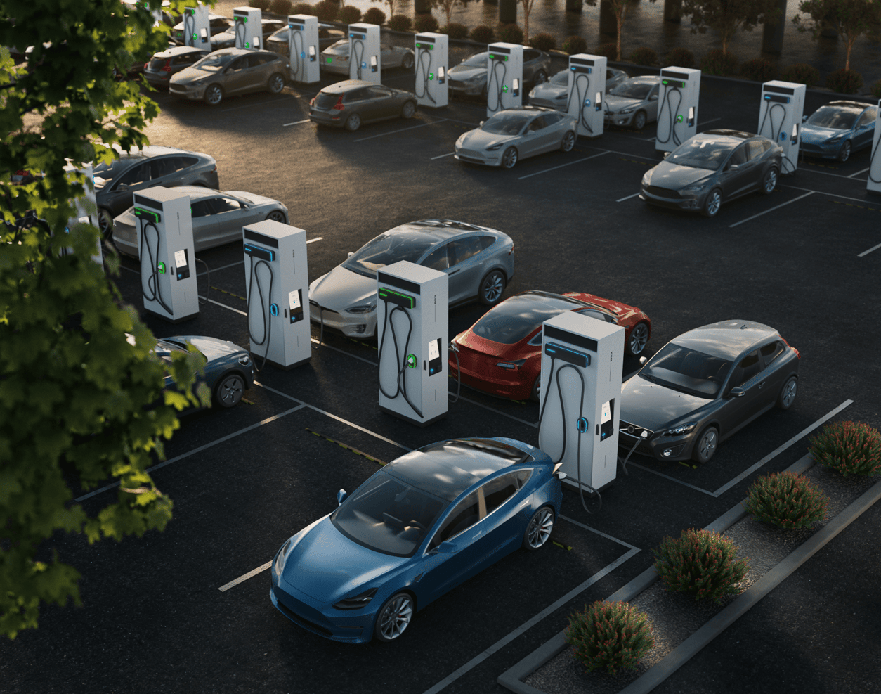 Deux rangées de bornes de recharge modulaires EVBox Troniq dans un parking.