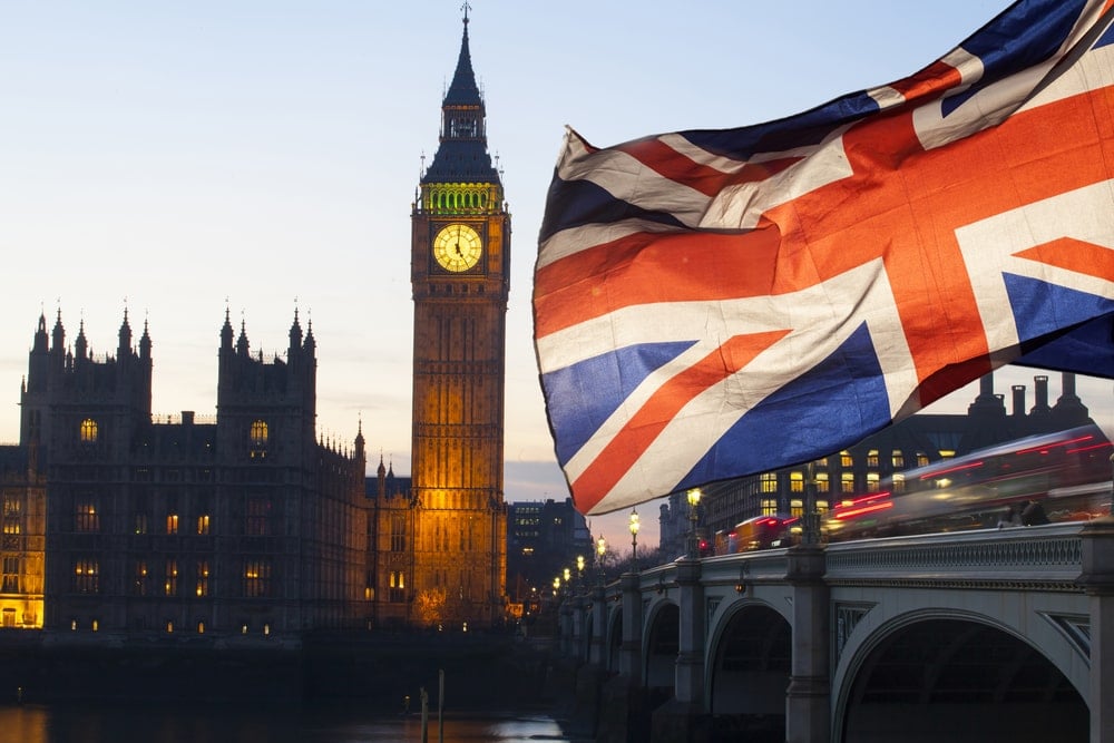 British union jack flag and Big Ben Clock Tower and Parliament house at city of Westminster in the background.