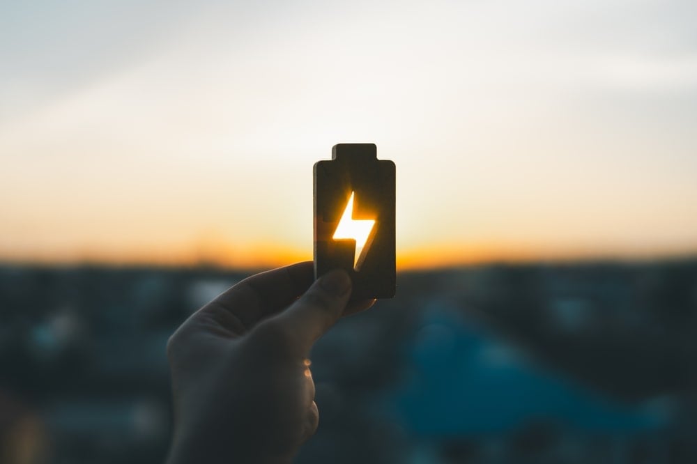 A man holding a battery shaped art piece.